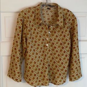 Linen olive green floral print blouse